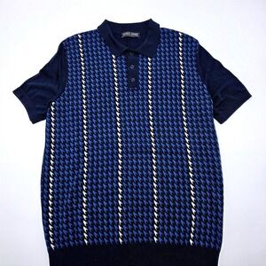 PJ PAUL JONES Mens Large Knit Polo Shirt Houndstooth Blue Short Sleeve Button Up